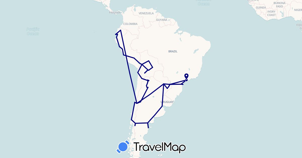 TravelMap itinerary: driving in Argentina, Bolivia, Brazil, Chile, Ecuador, Peru, Paraguay (South America)